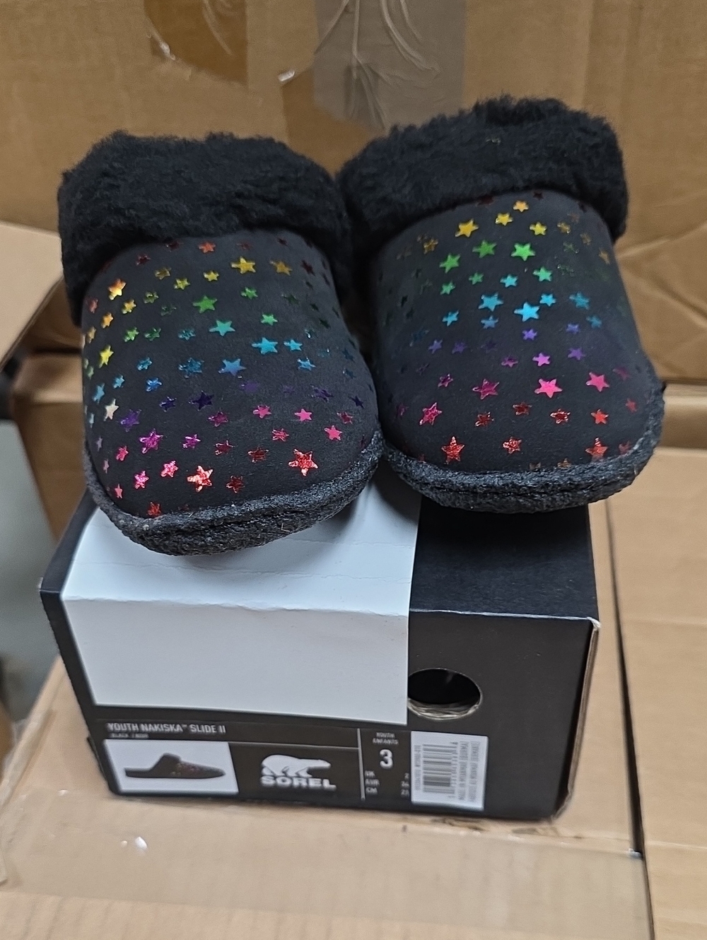 Sorel Kids Nakiska Black Rainbow Star-Print Mule Slippers